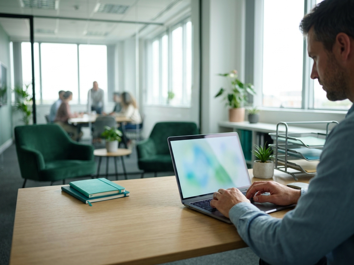 Manager beheert een groepsaanvraag op een laptop op kantoor