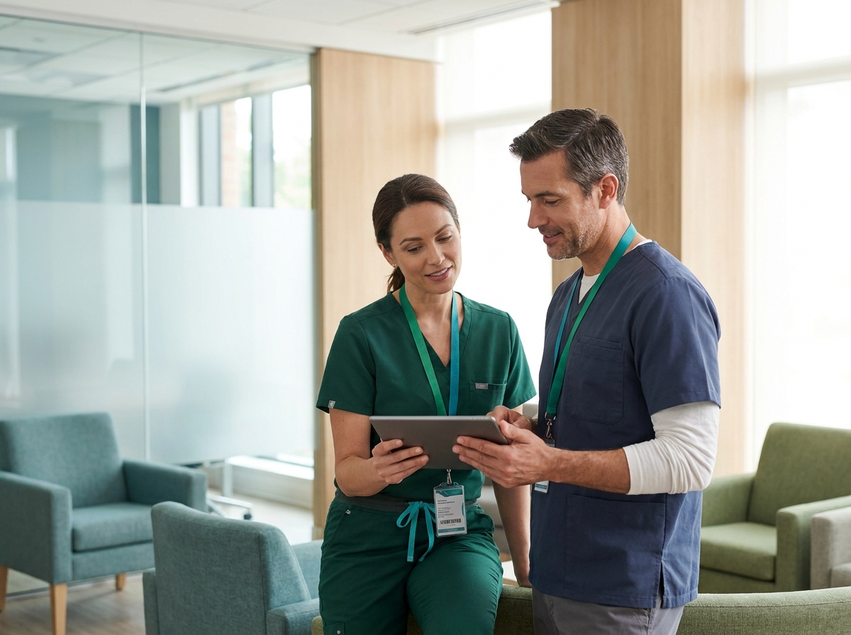 Twee artsen bespreken samen een second opinion in een moderne kliniek