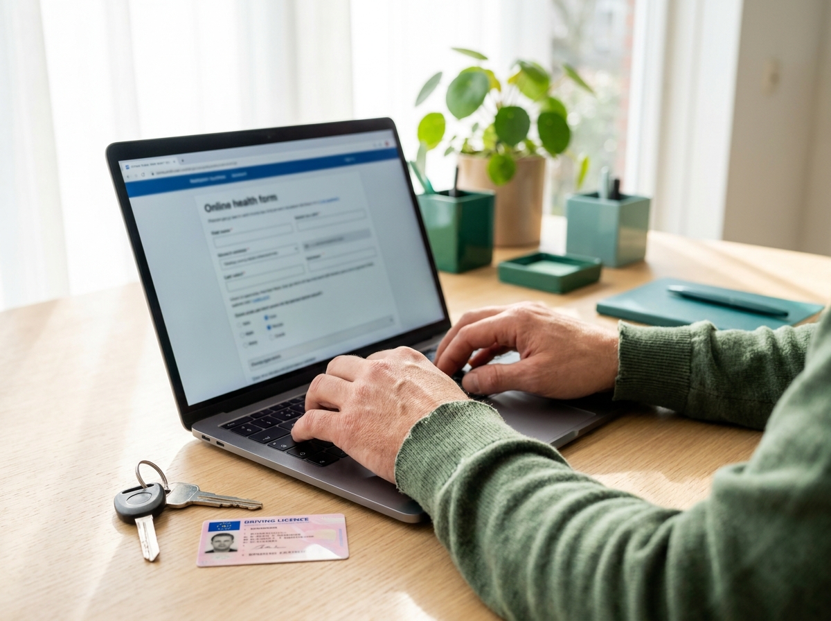 Online gezondheidsverklaring voor het rijbewijs invullen op een laptop, met autosleutels en rijbewijs op het bureau