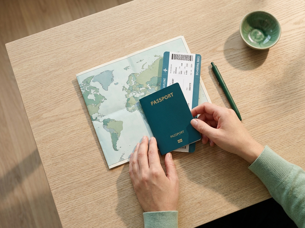 Paspoort, wereldkaart en boarding pass op een bureau voor een gezondheidsverklaring visum en emigratie