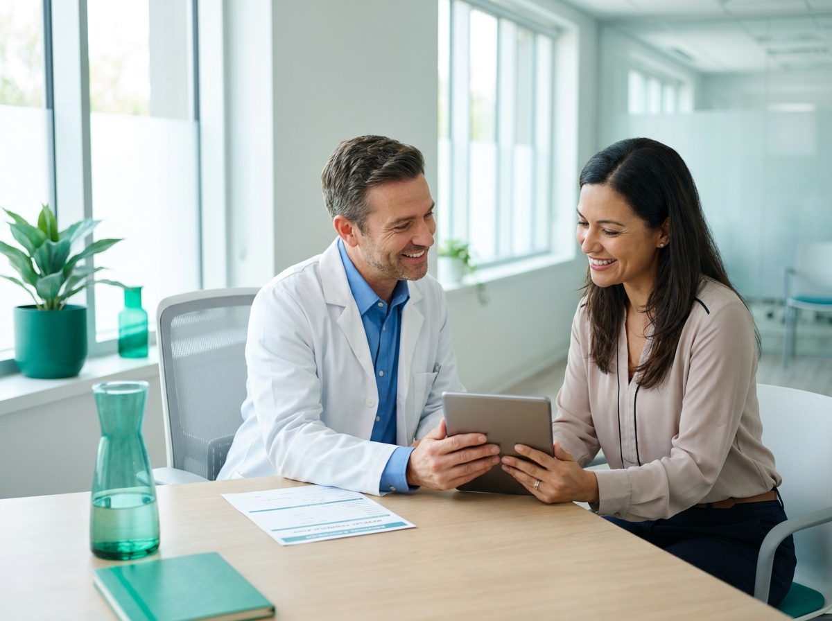 Bedrijfsarts in gesprek met een werknemer voor een fit-to-work gezondheidsverklaring